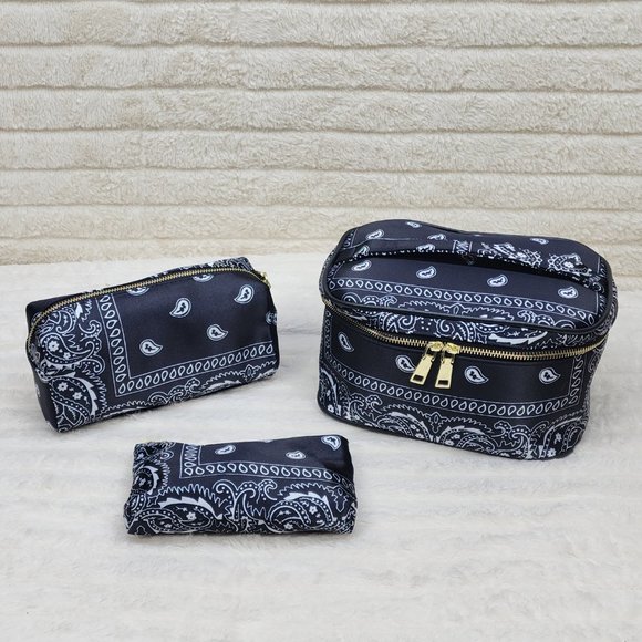 Blue Or Black Bandana Hard Case Make - Up Bag Purse Set of 3 per color - Picture 16 of 16